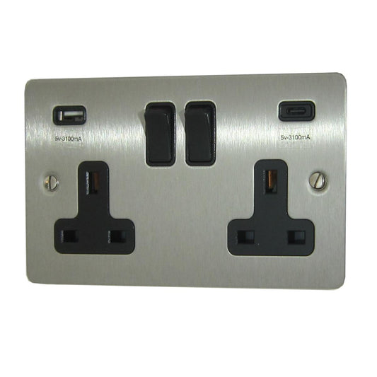 Flat Brushed Steel  2 Gang Socket with USBC