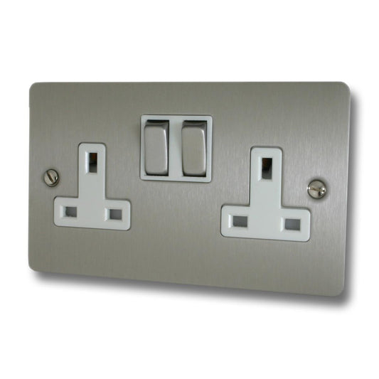 Flat  Brushed Steel  2 Gang Socket