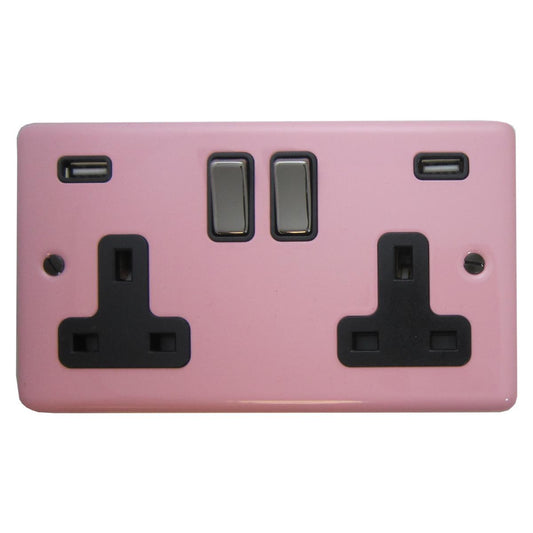 Contour Gloss Pink 2 Gang Socket with USB (Black Nickel Switch)