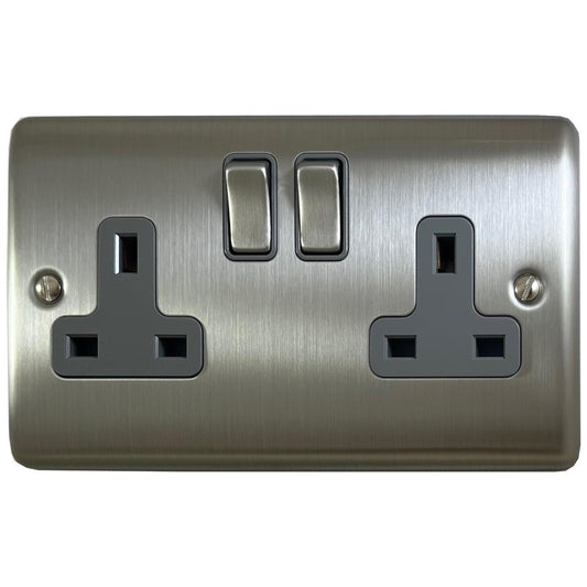 Basics  Brushed Steel  2 Gang Socket