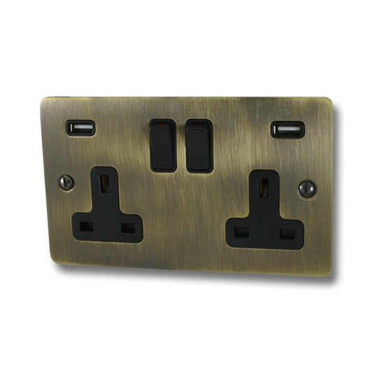 Flat Antique Brass 2 Gang Socket USB (Black Switches)