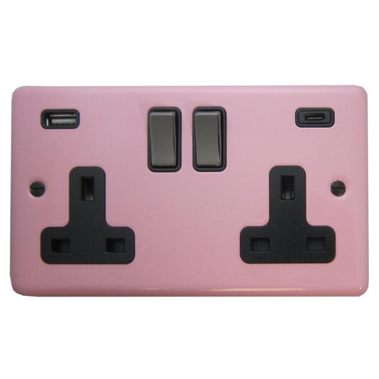 Contour Gloss Pink 2 Gang Socket with USB C (Black Nickel Switch)