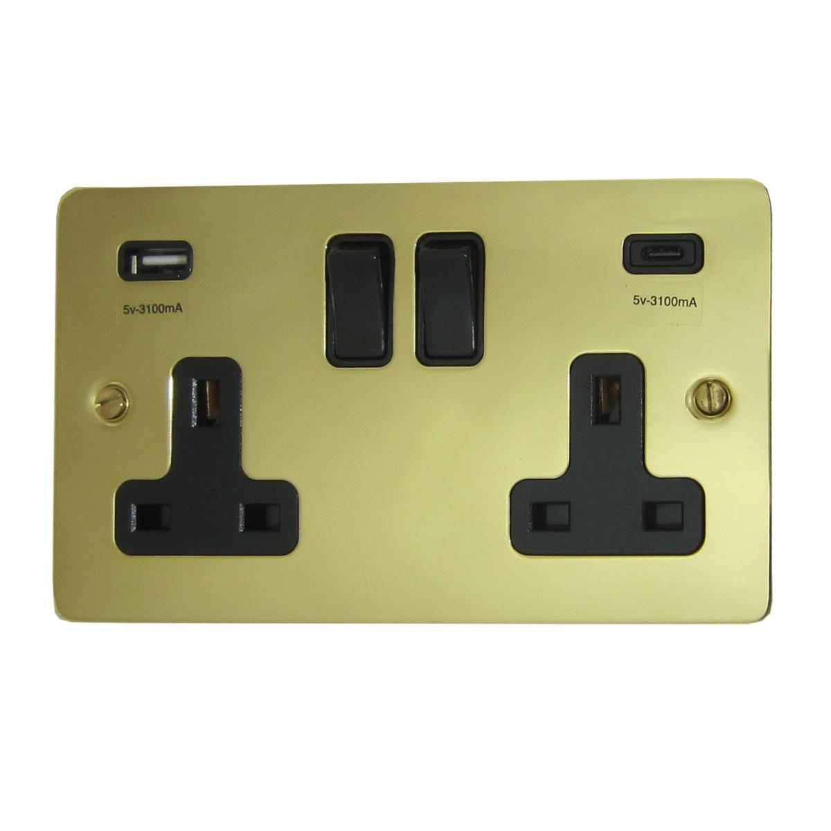 Flat  Polished Brass  2 Gang Socket with USBC