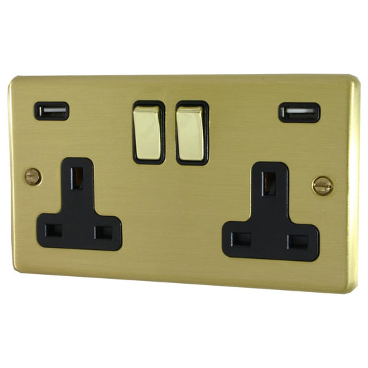 Contour Satin Brass 2 Gang Socket C/W Usb Ports