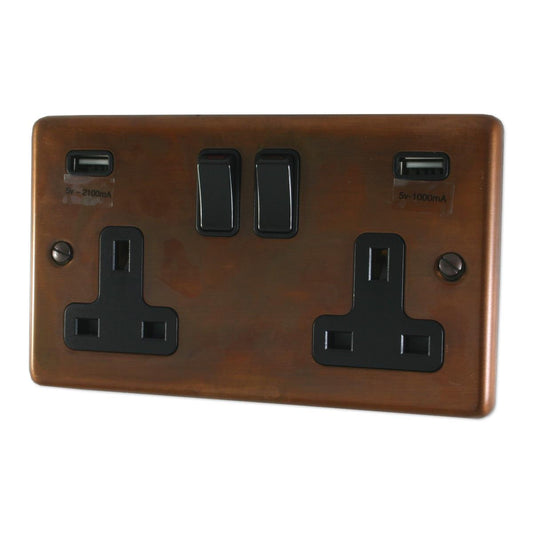 Contour  Tarnished Copper 2 Gang Socket with USB