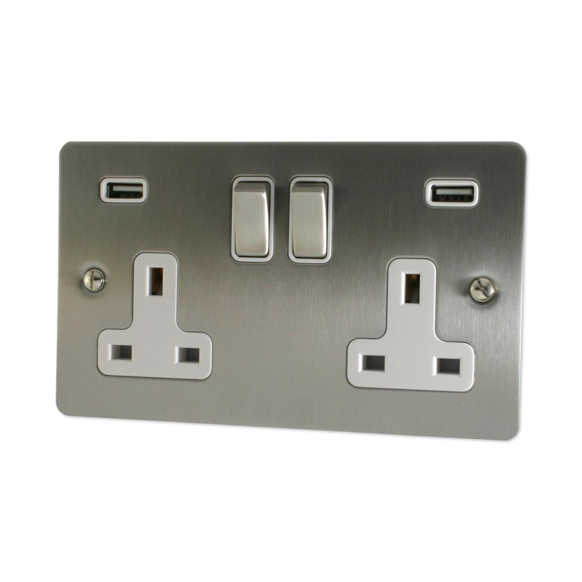 Flat Brushed Steel 2 Gang Usb Socket