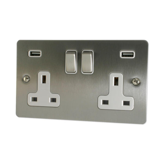 Flat Brushed Steel 2 Gang Usb Socket