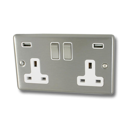 Contour Brushed Steel 2 Gang Socket + Usb