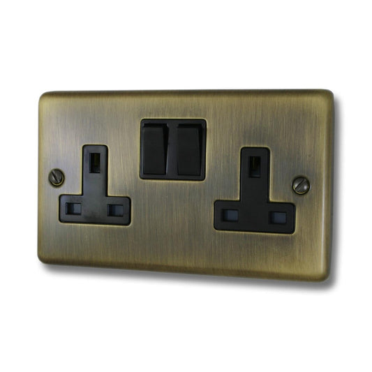 Contour  Antique Brass  2 Gang Socket (Black Switches)