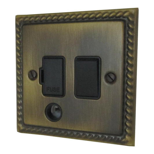 Georgian Antique Brass Switched Fuse Spur with Flex Outlet (Black Switch)