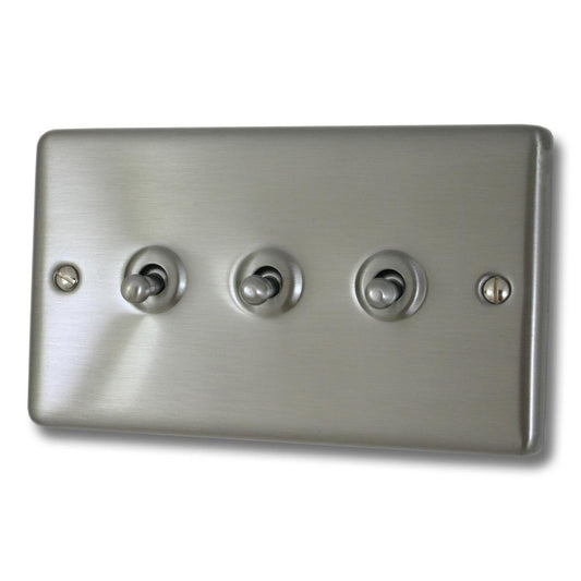 Contour Brushed Steel 3 Gang Toggle Switch