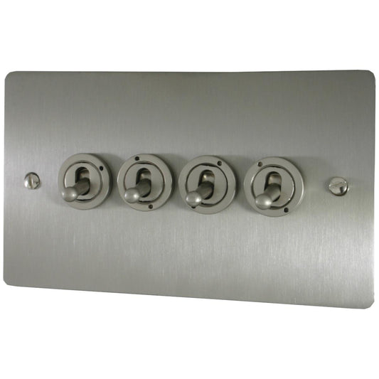 Flat Brushed Steel 4 Gang Grid Toggle Plate