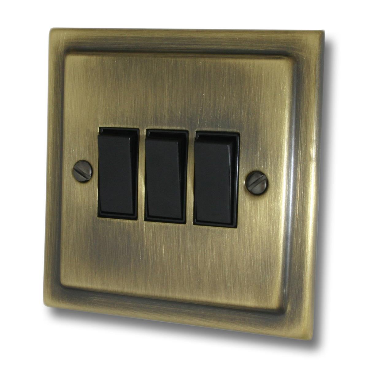 Trimline Antique Brass 3 Gang Switch (Black Switches)