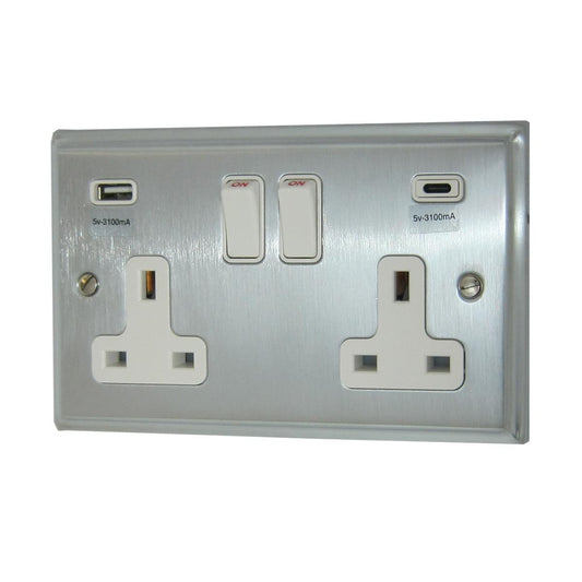 Deco Satin Chrome 2 Gang Socket C/W USBC Ports