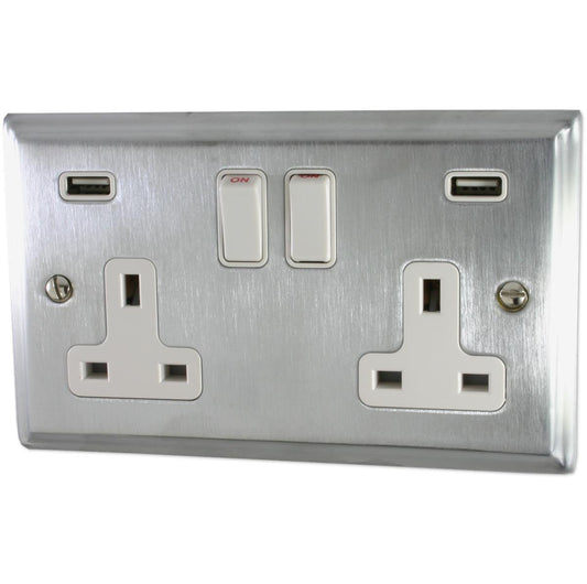 Deco Satin Chrome 2 Gang Socket C/W Usb Ports