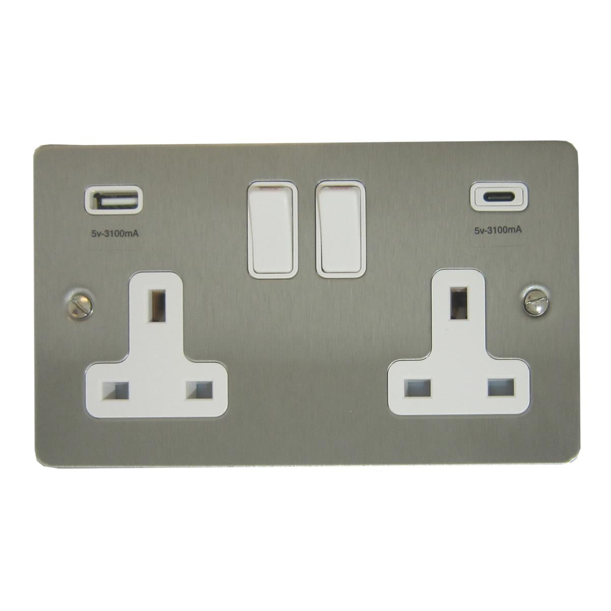 Flat Brushed Steel 2 Gang USBC Socket