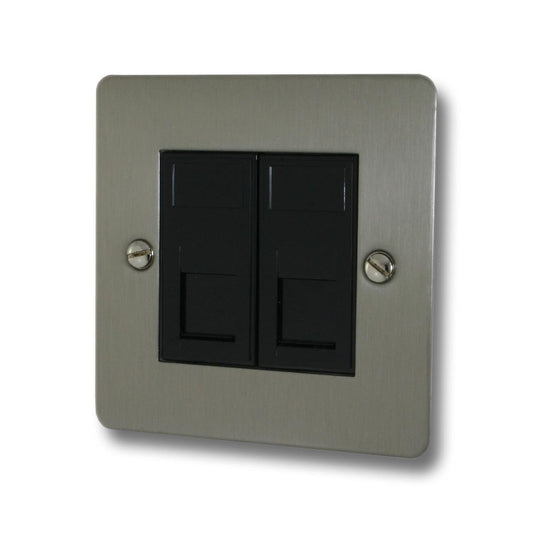 Flat Brushed Steel 2 Gang Rj45 Socket