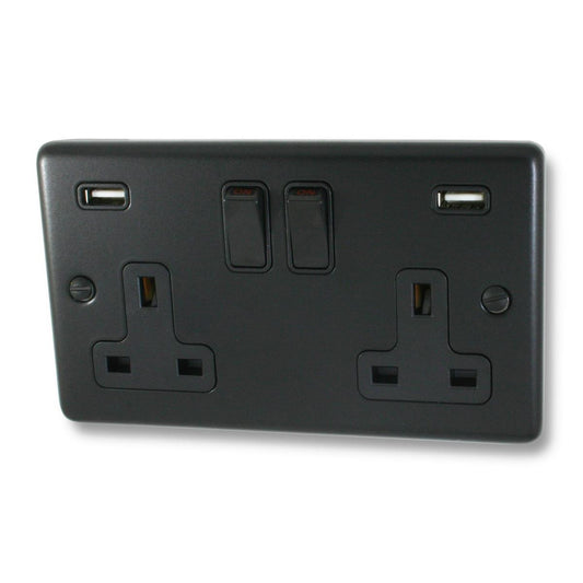 Contour  Flat Black  2 Gang Socket with USB