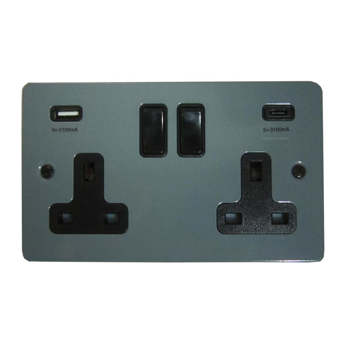 Flat Dark Grey  2 Gang Socket with USBC