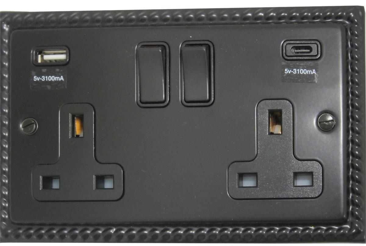 Monarch Flat Black  2 Gang Socket with USBC