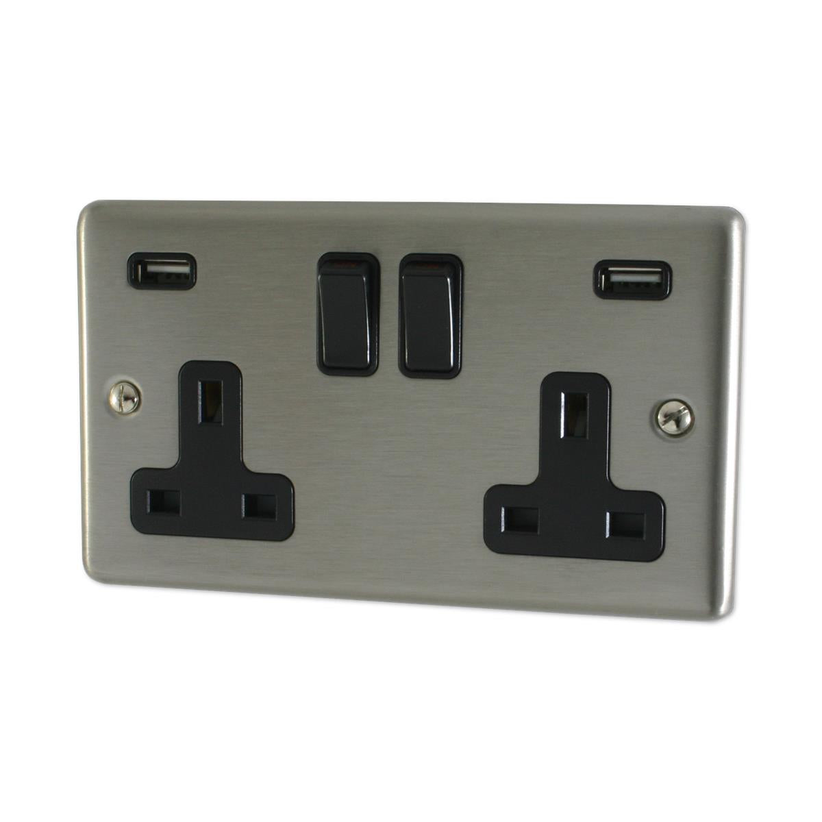 Contour  Brushed Steel  2 Gang Socket with USB