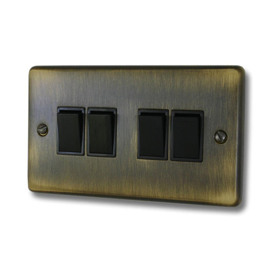 Contour Antique Brass 4 Gang Switch (Black Switches)
