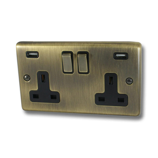 Contour Antique Brass 2 Gang Socket with USB (Brass Switches)