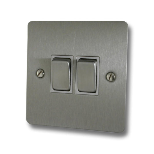 Flat Brushed Steel 2 Gang Switch (White Insert/ Chrome Switch)