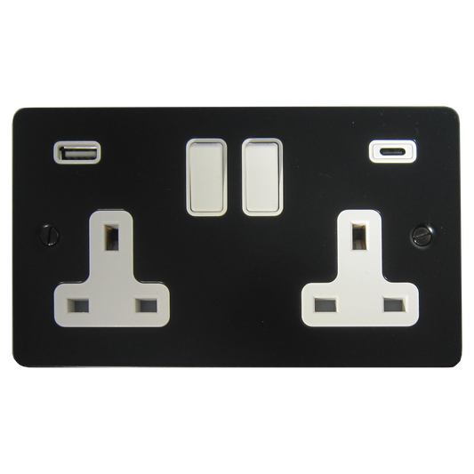 Flat Black 2 Gang Socket with USBC (White Inserts)