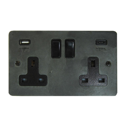 Flat Rustic Pewter  2 Gang Socket with USBC