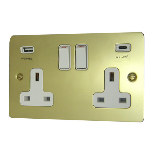 Flat Polished Brass 2 Gang Socket C/W USBC Ports